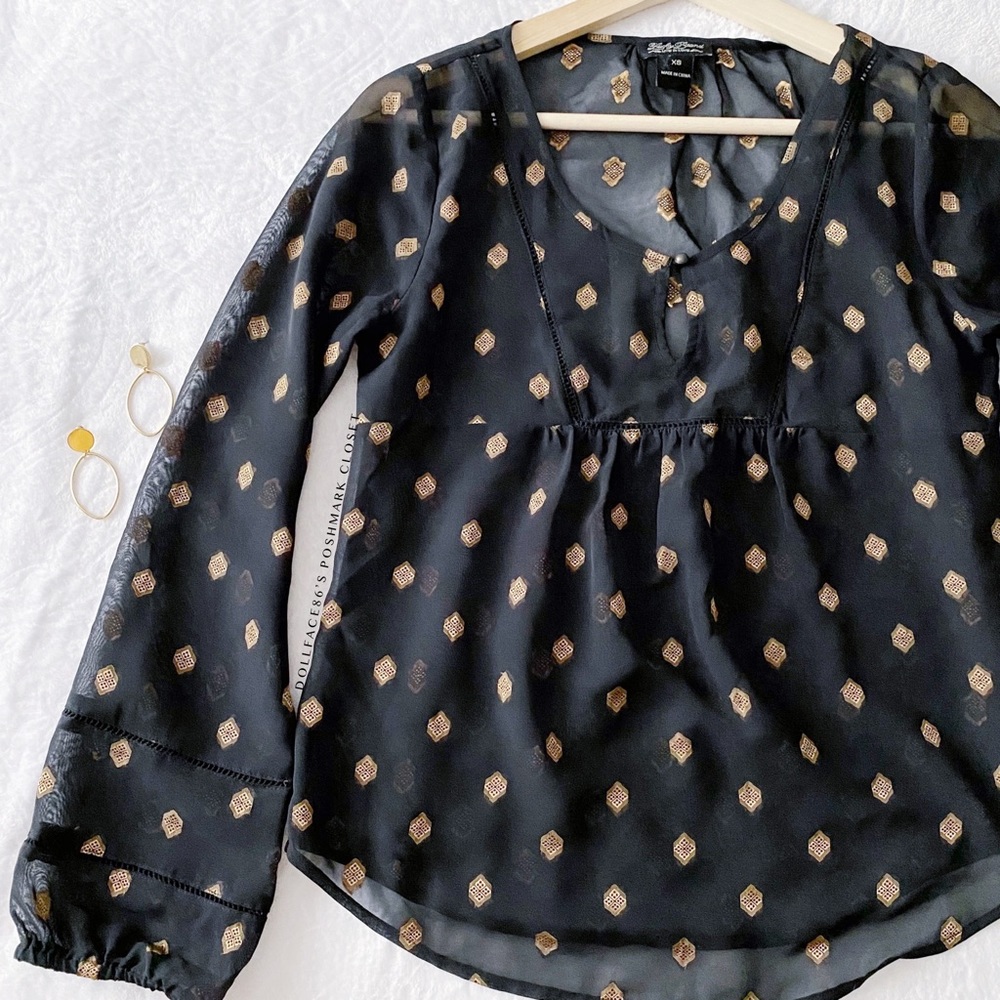 Lucky Brand Semi Sheer Gold Thread Embroidered Top